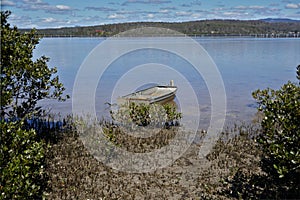 Flat bottomed tinny in the shallows & mangroves across from the oyster farms in Merimbula.