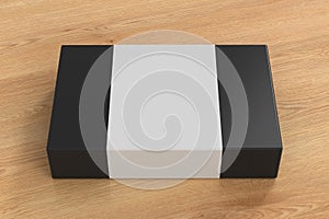 Flat box mock up with blank paper cover label: Black gift box on wooden background