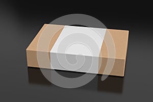 Flat box mock up with blank paper cover label: cardboard gift box on black background