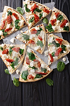 Flat bread with hummus, sun-dried tomatoes, spinach and goat cheese close-up. vertical top view