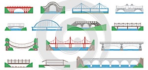 Flat bridges design. Urban bridge, city or village passages with simple nature elements. Transportation architecture