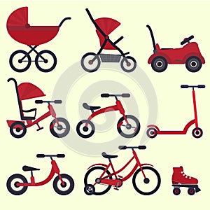 Flat bright red baby transport set for kids since birth till school