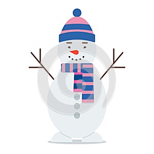 Flat bright vector illustration, cartoon big snowman with hat and scarf isolated on white background. Christmas and New