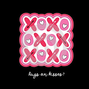 Flat Bright XOXO Valentine`s Day Typography Vector Greeting Card. Patch Hearts and Arrows. Love. XOXO. Hugs and Kisses