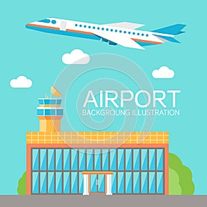 Flat building airport with flying plane tour