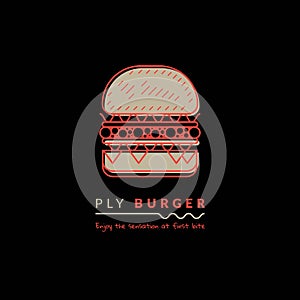Flat burger logo design with red line art design for burger shop design with ply burger named