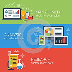 Flat business analysis analytics management research infographic