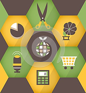 Flat business icons in brown hexagons