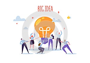 Flat Business People with Big Light Bulb Idea. Innovation, Brainstorming Creativity Concept. Characters Working Together