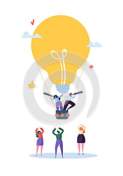 Flat Business People Flying on Big Light Bulb. Man and Woman with Spyglass. Business Idea, Vision, Innovation, Team Work