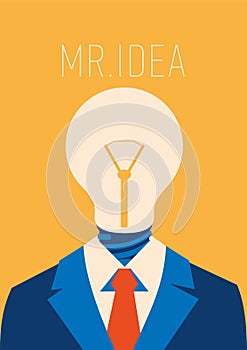 Flat businessman with light bulb instead head, idea concept