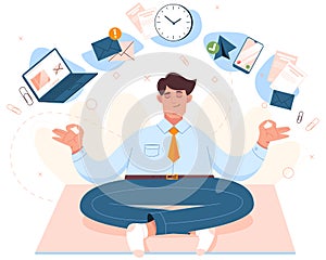 Flat businessman sitting in lotus position and doing yoga
