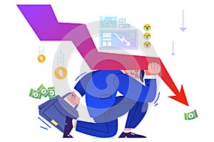 Flat businessman under arrow resist financial crisis or bankruptcy