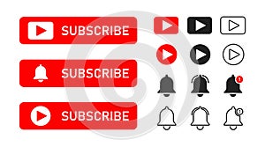 Flat button with red subscribe on white background for concept design. Subscribe button icon. Social media symbol. Red play button