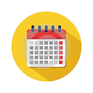 Flat calendar icon. Appointment event date in spiral calendar in yellow circle. Business deadline symbol. Month or week plan event