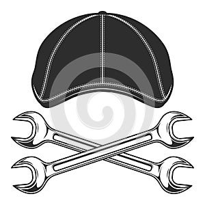 Flat cap gatsby tweed hat with constriction or mechanic service repair spanner wrenvh vector vintage illustration