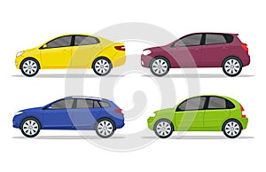 Flat car in side view for race. Cartoon vehicle collection on isolated background. Sport jeep, sedan, universal for family trip.