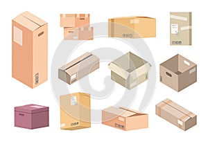 Flat cardboard boxes. Carton parcels delivery, open and closed isolated isometric packages, warehouse packs and goods