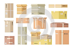 Flat cardboard boxes. Open paper box, shipping package. Crate carton delivery and post cargo parcels. Vector ship and