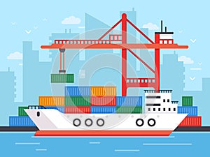 Flat cargo ship in docks. Harbor crane of shipping port loading containers to marine freight boat vector illustration