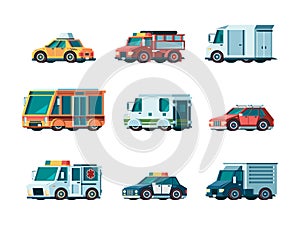 Flat cars. City traffic municipal vehicle fire ambulance police post office taxi truck bus and collector car vector