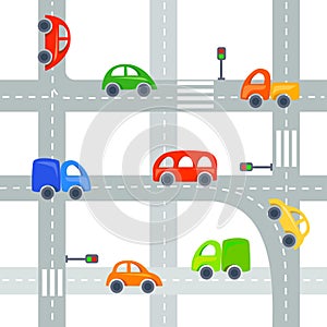 Flat cars and roads background, seamless