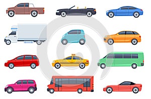 Flat cars set. Taxi and minivan, cabriolet and pickup. Bus and suv, truck. Urban, city cars and vehicles transport