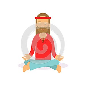 Flat cartoon bearded man hippie sitting in lotus pose, meditating. Male with long hair dressed in woodstock sixties