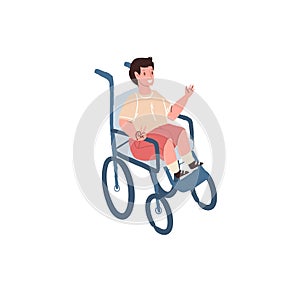 Flat cartoon boy character sits in wheelchair,disabled childrens care and support,happy childhood vector illustration
