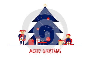 Flat cartoon boy girl family characters Merry Christmas New Year greeting card banner concept.Happy smiling flat kids