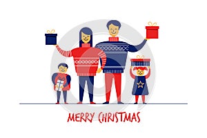 Flat cartoon boy girl family characters Merry Christmas New Year greeting card banner concept.Happy smiling flat people
