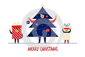 Flat cartoon boy girl family characters Merry Christmas New Year greeting card banner concept.Happy smiling flat people