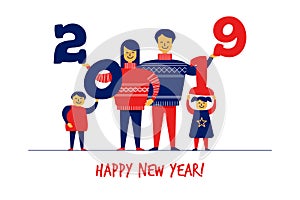 Flat cartoon boy,girl,family characters,New Year Merry Christmas greeting card banner concept.Happy smiling flat people