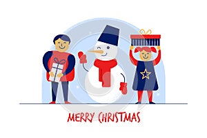 Flat cartoon boy,girl,Snowman characters,Merry Christmas New Year greeting card banner concept.Popular winter mascot