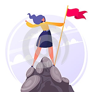 Flat cartoon businesswoman character hoisted flag on mountain top.