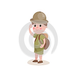 Flat cartoon character boy scout standing with backpack on white background