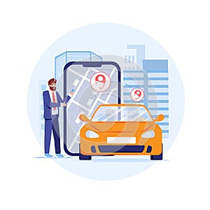 Flat cartoon character,car,smartphone and gps tracking mobile app,vector illustration concept