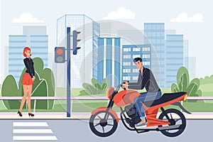 Flat cartoon character rides motorcycle,vector illustration concept