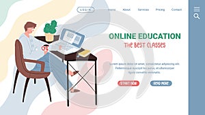 Flat cartoon character taking online educational course,vector landing page concept