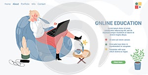 Flat cartoon character taking online educational course,vector landing page concept