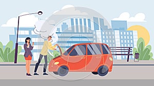Flat cartoon characters in city life scene with road accident,vector illustration concept