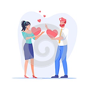 Flat cartoon characters couple,love metaphor heart symbol,vector illustration concept