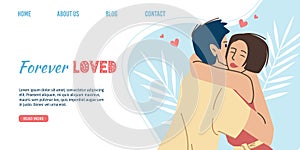 Flat cartoon characters couple,Valentine Day online landing page,greeting card vector illustration concept