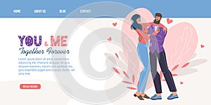 Flat cartoon characters couple,Valentine Day online landing page,greeting card vector illustration concept