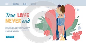 Flat cartoon characters couple,Valentine Day online landing page,greeting card vector illustration concept