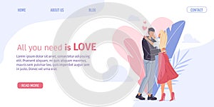 Flat cartoon characters couple,Valentine Day online landing page,greeting card vector illustration concept