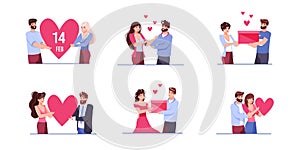 Flat cartoon characters couples,love metaphor heart symbol,vector illustration set concept