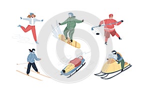 Flat cartoon characters set doing sport activities,set of vector illustrations concept