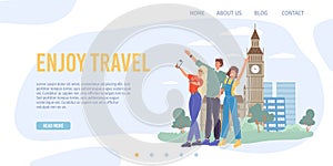 Flat cartoon characters take pictures on travel vacation, vector illustration concept