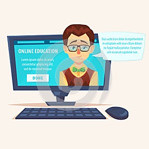 Flat cartoon cute funny teacher student geek on laptop screen with chat bubble vector illustration. Online, remote and